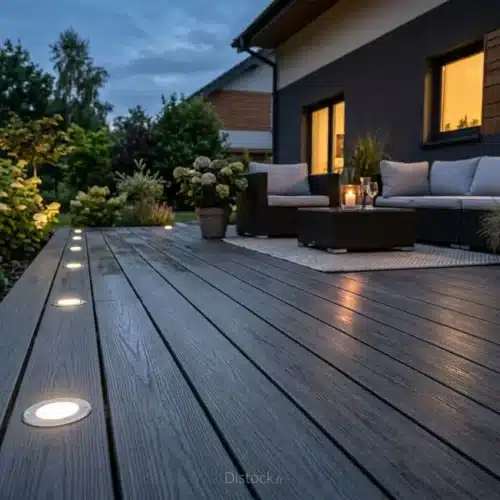 Spots LED encastrables sur terrasse en bois au crépuscule