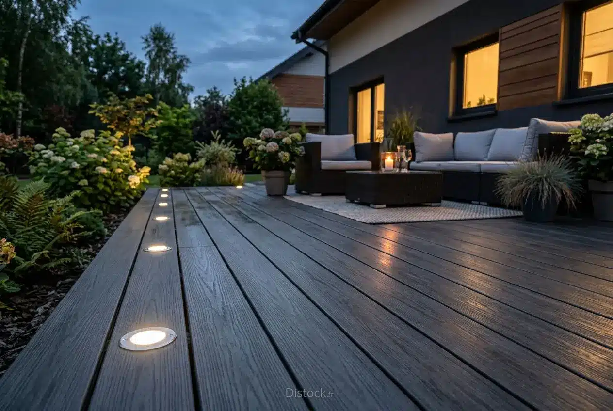 Spots LED encastrables sur terrasse en bois au crépuscule