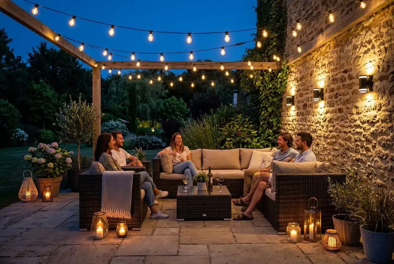 Terrasse éclairée pour une soirée estivale avec guirlandes et lanternes