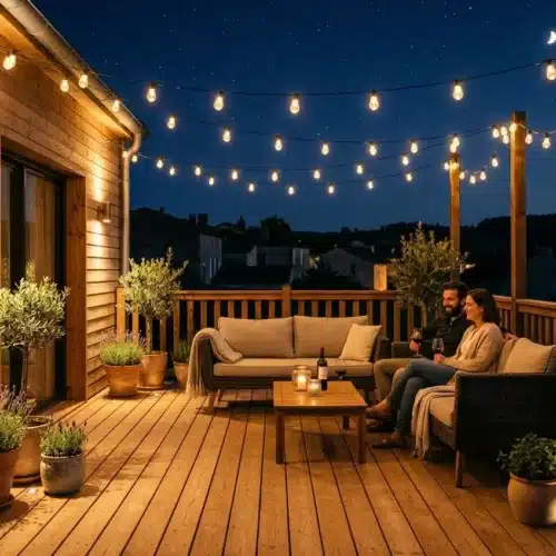 Terrasse extérieure éclairée avec lumière LED chaleureuse la nuit