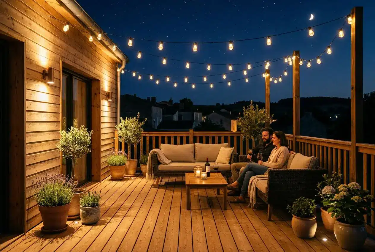 Terrasse extérieure éclairée avec lumière LED chaleureuse la nuit