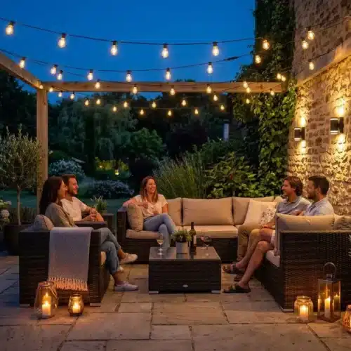 Ambiance extérieure chaleureuse: salon de jardin entouré de guirlandes lumineuses et lanternes, sous ciel crépuscule, avec personnes qui discutent sur canapé et jardin verdoyant. Décoration lumineuse extérieure jardin.