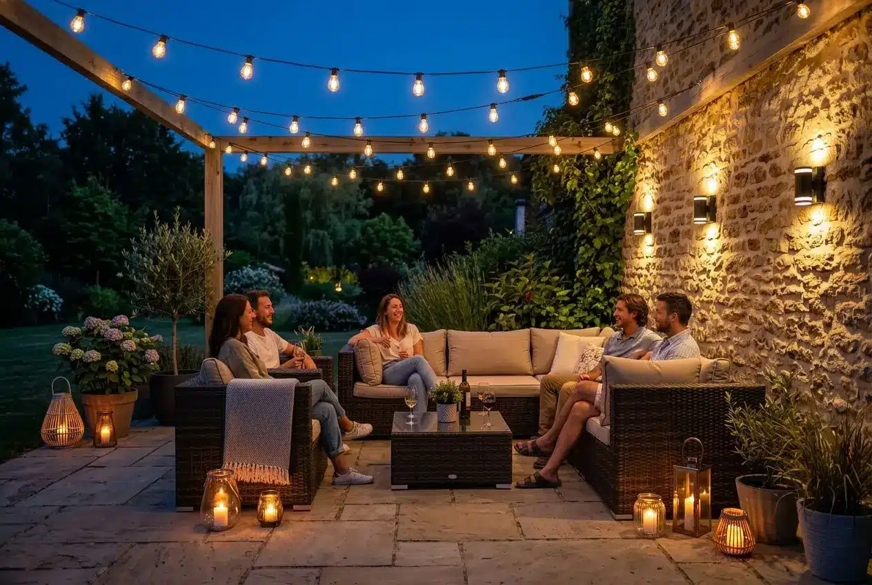 Ambiance extérieure chaleureuse: salon de jardin entouré de guirlandes lumineuses et lanternes, sous ciel crépuscule, avec personnes qui discutent sur canapé et jardin verdoyant. Décoration lumineuse extérieure jardin.