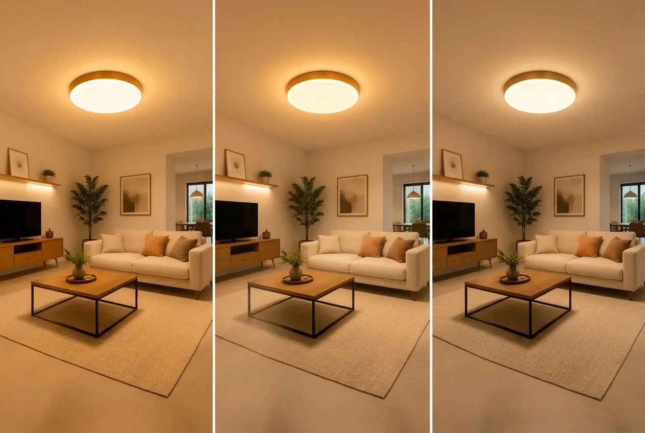 Comment choisir un lustre de salon : image montrant trois vues d’un salon contemporain éclairé par une suspension ronde au plafond, avec canapé, table basse et plantes.