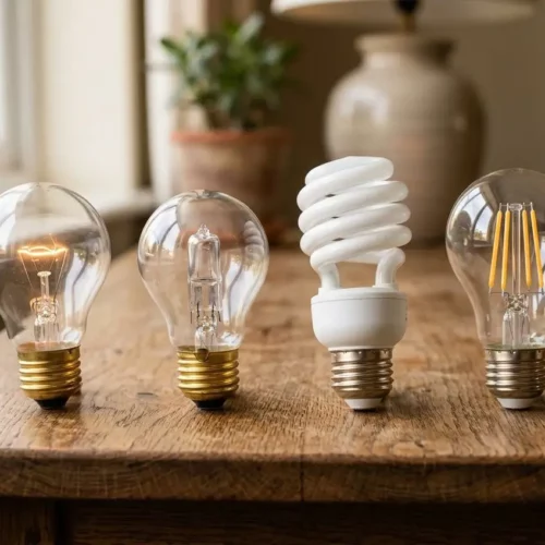 Comparaison de quatre types d'ampoules sur une table en bois : incandescente, halogène, fluocompacte et LED.