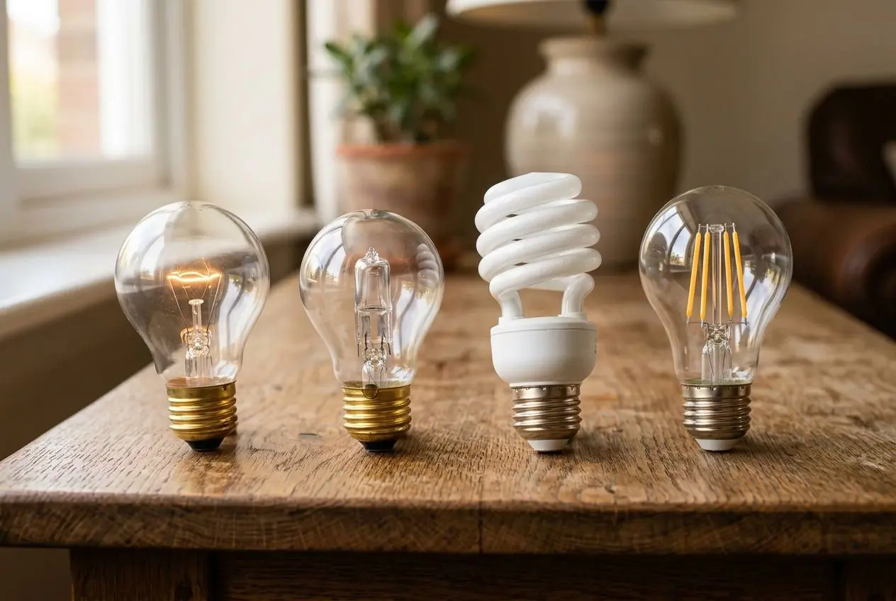Comparaison de quatre types d'ampoules sur une table en bois : incandescente, halogène, fluocompacte et LED.