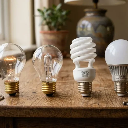 Comparaison de quatre types d'ampoules sur une table en bois : incandescente, halogène, fluo-compacte et LED.