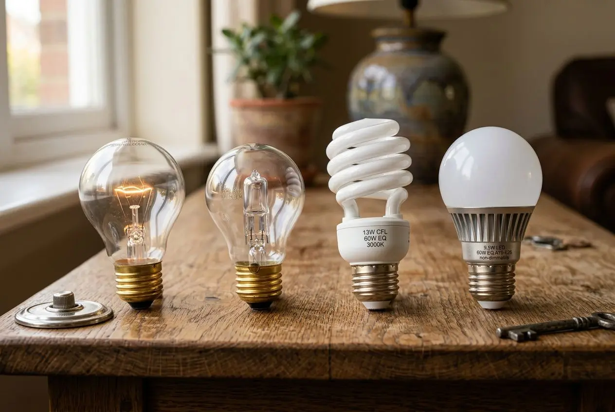 Comparaison de quatre types d'ampoules sur une table en bois : incandescente, halogène, fluo-compacte et LED.