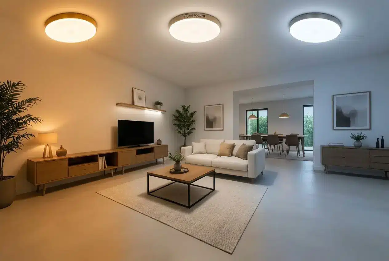 Comparatif de températures de couleur 3000K, 4000K et 6500K d'un plafonnier LED dans un salon moderne.