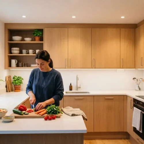 Cuisine lumineuse avec femme coupant des légumes sur un plan de travail; éclairage led plan de travail cuisine se reflète sous les meubles en bois.