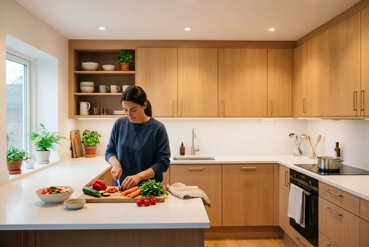 Cuisine lumineuse avec femme coupant des légumes sur un plan de travail; éclairage led plan de travail cuisine se reflète sous les meubles en bois.