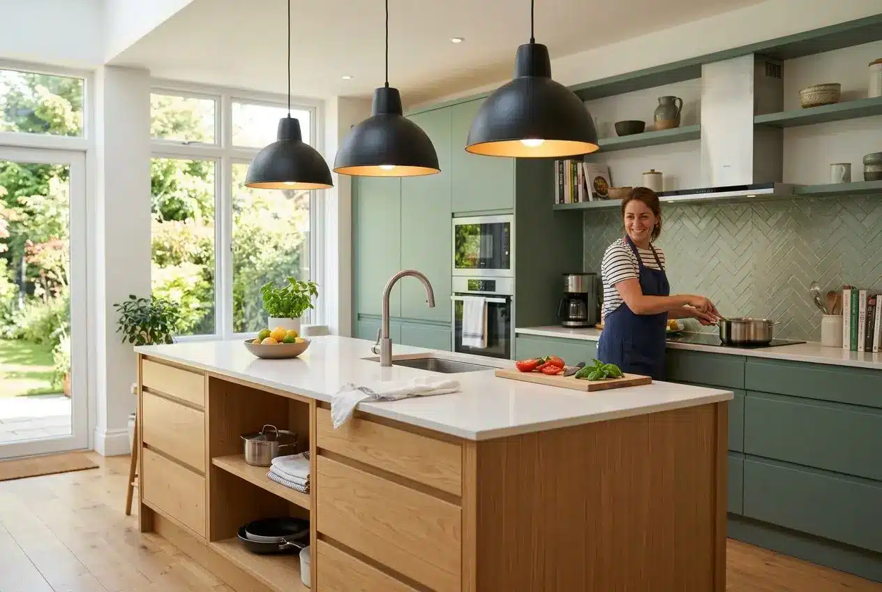 Cuisine lumineuse avec îlot central et suspensions noires. Femme cuisinant près des rangements verts, grands vélux éclairant la pièce. Quel luminaire pour une cuisine ouverte.