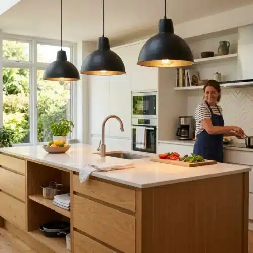 Cuisine lumineuse avec îlot central, suspensions noires et plan de travail lumineux; femme cuisinant près des rangements. intégration: comment éclairer une cuisine sans plafonnier.