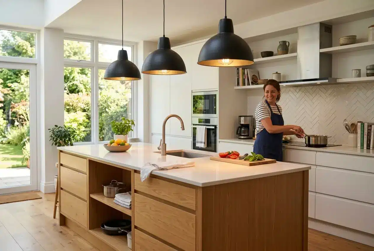 Cuisine lumineuse avec îlot central, suspensions noires et plan de travail lumineux; femme cuisinant près des rangements. intégration: comment éclairer une cuisine sans plafonnier.