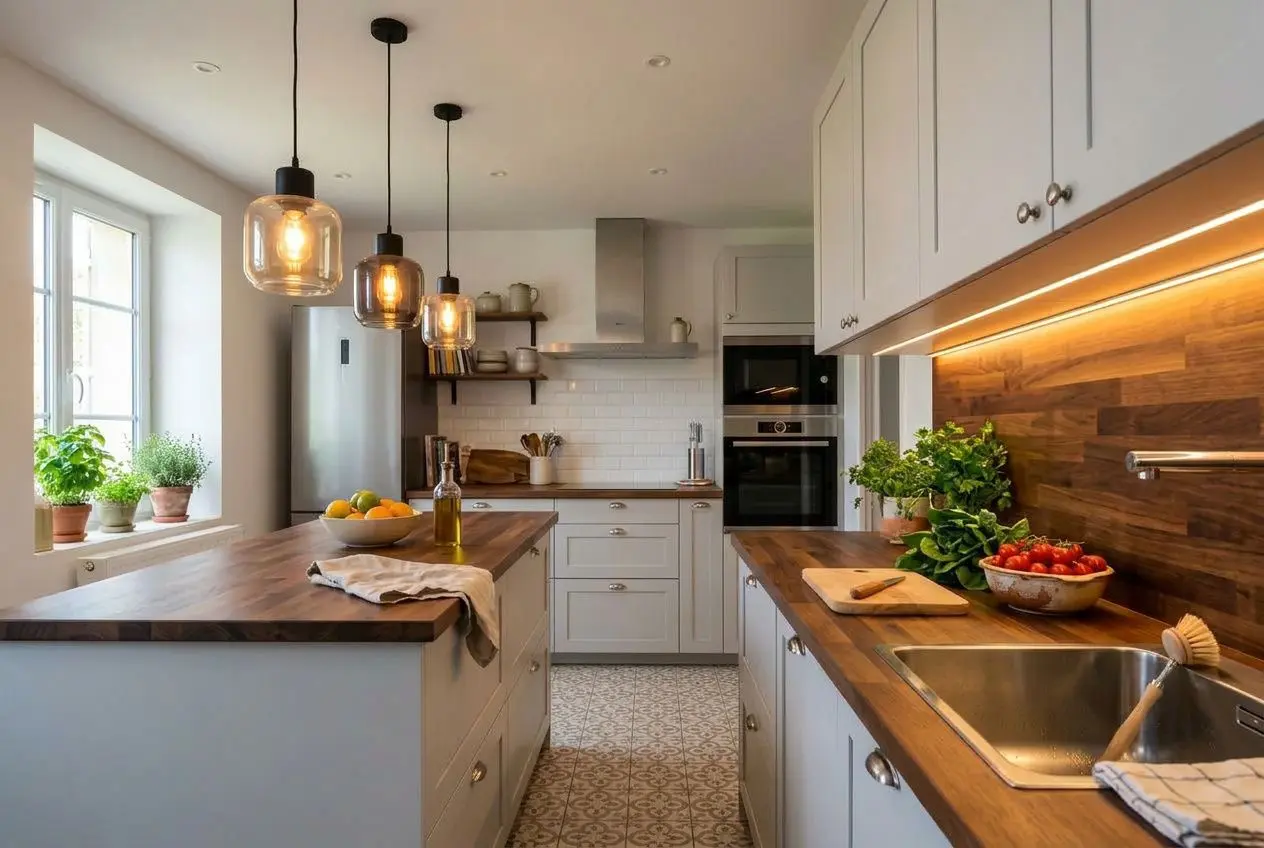 Cuisine lumineuse sans plafonnier avec appliques suspendues au-dessus de l’îlot et éclairage sous meuble, plan de travail en bois et tuiles au sol.