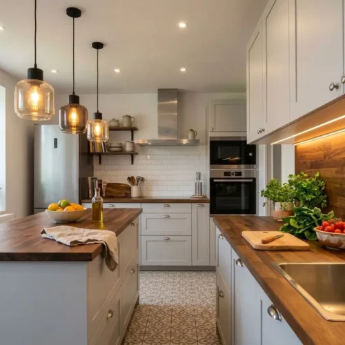 Cuisine moderne avec éclairage en couches : suspensions au-dessus de l'îlot, spots encastrés au plafond et bandeau LED sous les meubles hauts.