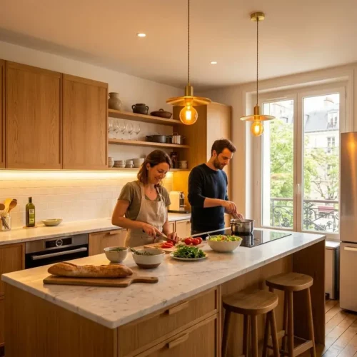 Deux personnes préparent un repas dans une cuisine ouverte lumineuse, avec îlot central, plan de travail en quartz et suspensions moelleuse au-dessus.