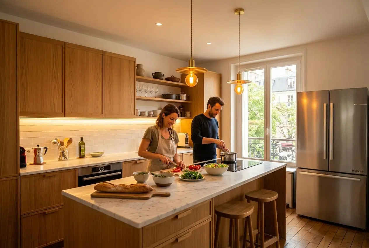 Deux personnes préparent un repas dans une cuisine ouverte lumineuse, avec îlot central, plan de travail en quartz et suspensions moelleuse au-dessus.