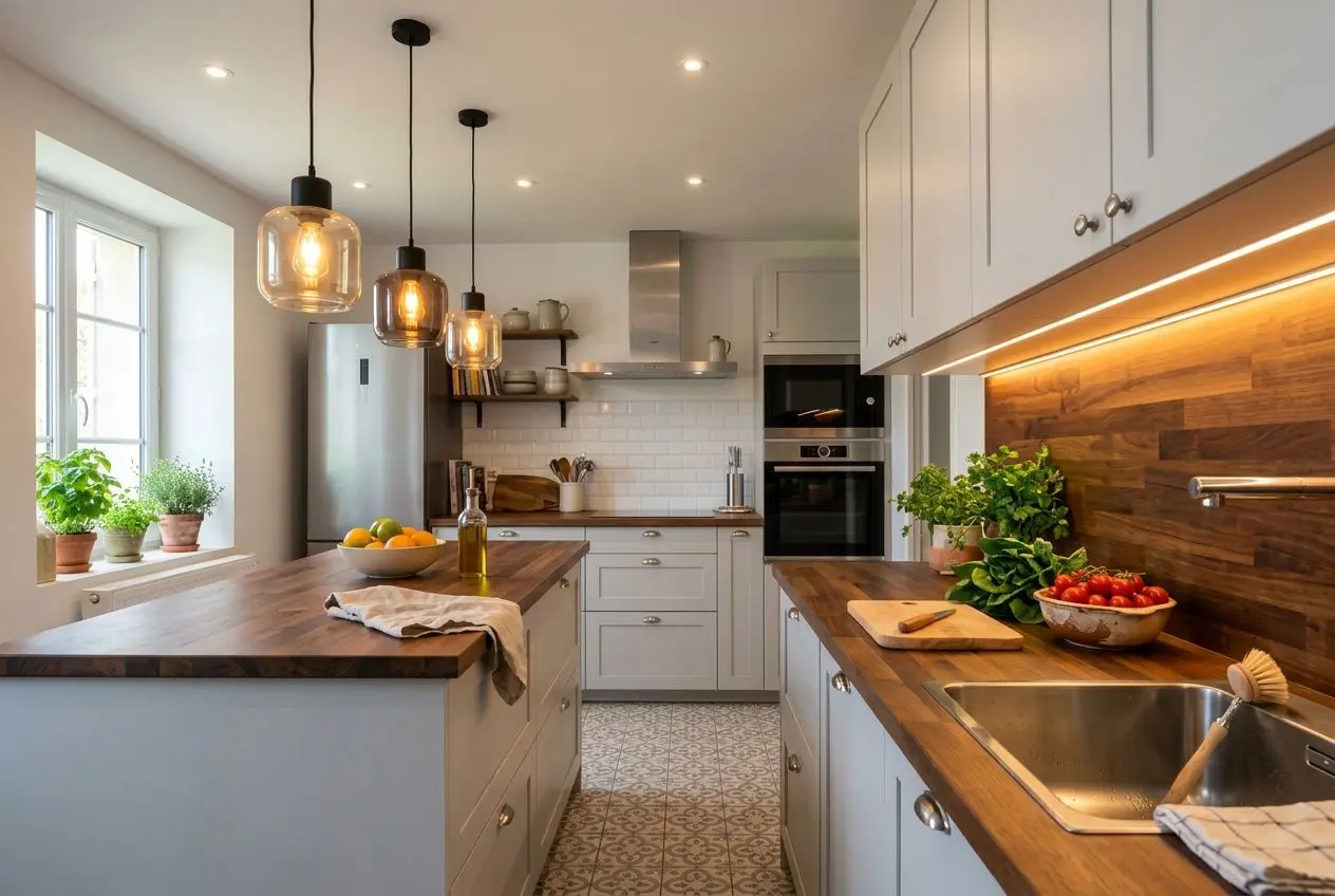 Éclairage led plan de travail cuisine : cuisine lumineuse avec îlot central, suspensions industrielles, plans en bois, évier et rangements blancs, sous-lumination LED sous les placards.