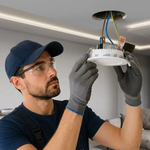 Électricien installant un spot encastrable LED au plafond d'une pièce moderne.