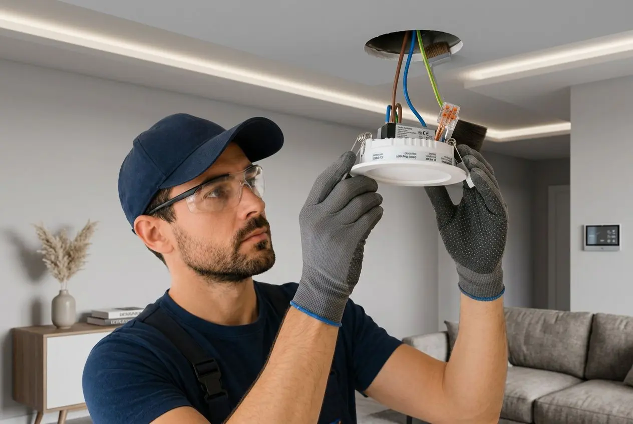 Électricien installant un spot encastrable LED au plafond d'une pièce moderne.