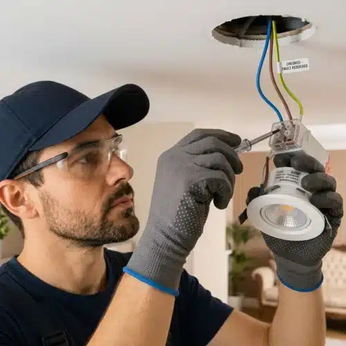 Électricien réparant un spot LED encastré au plafond pour résoudre un problème de scintillement.