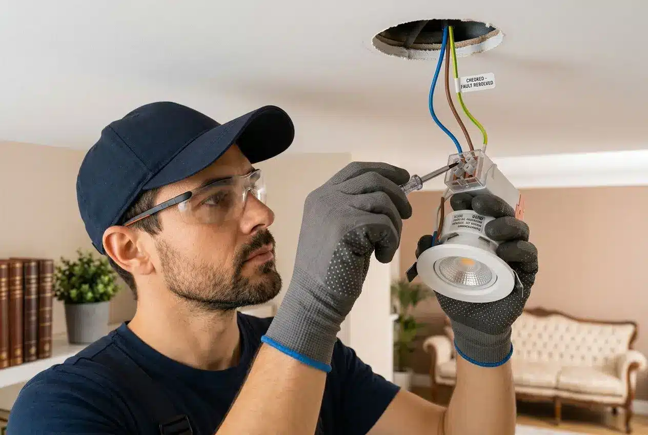 Électricien réparant un spot LED encastré au plafond pour résoudre un problème de scintillement.