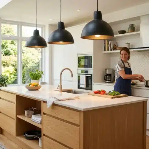 Femme cuisinière dans une cuisine lumineuse, îlot central en bois avec plan de travail blanc, trois suspensions noires au-dessus.