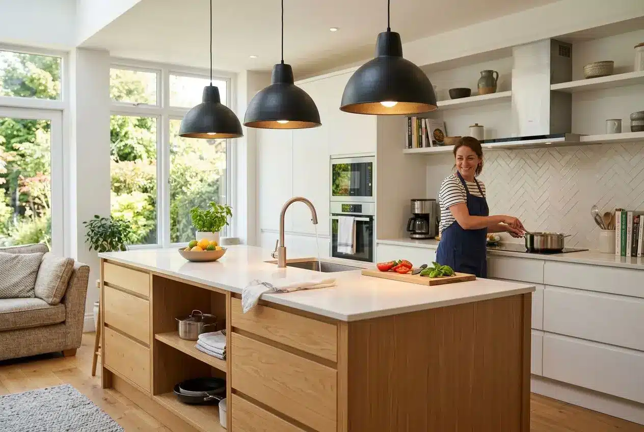 Femme cuisinière dans une cuisine lumineuse, îlot central en bois avec plan de travail blanc, trois suspensions noires au-dessus.