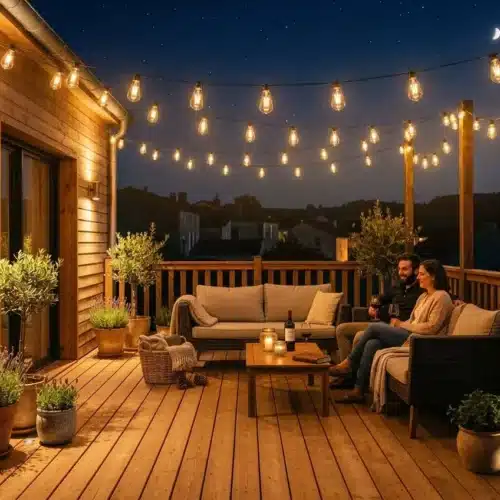 Guirlande lumineuse extérieure installée sur une terrasse en bois la nuit, avec un couple assis sous les ampoules chaleureuses.