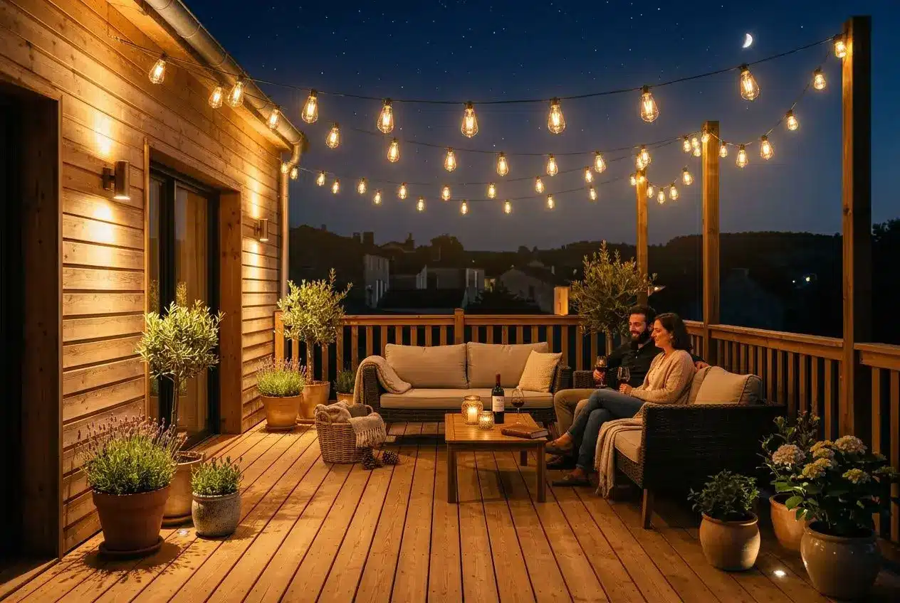 Guirlande lumineuse extérieure installée sur une terrasse en bois la nuit, avec un couple assis sous les ampoules chaleureuses.