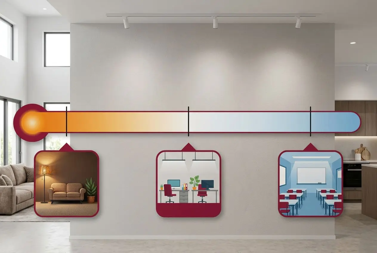 Infographie illustrant l'échelle des températures de couleur de lumière, de 2700K (ambiance chaleureuse) à 6500K (lumière du jour), avec des exemples pour salon, bureau et salle de classe.
