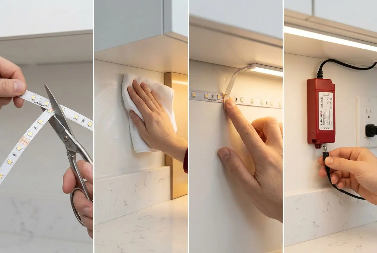 Installation d'un ruban LED sous un meuble de cuisine pour éclairer le plan de travail.