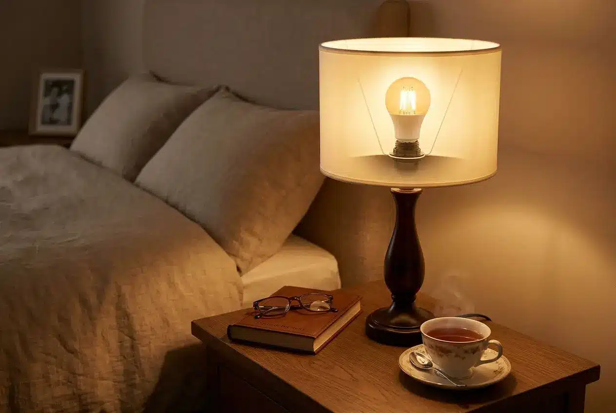 Lampe de chevet avec ampoule LED blanc chaud éclairant une table de nuit près du lit, tasse de café et livre posé.