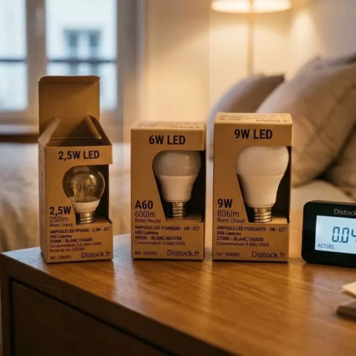 Lampes LED en paquets sur une table de nuit avec un compteur affichant 0,45 kW, illustration d’intensité lumineuse pour une chambre.