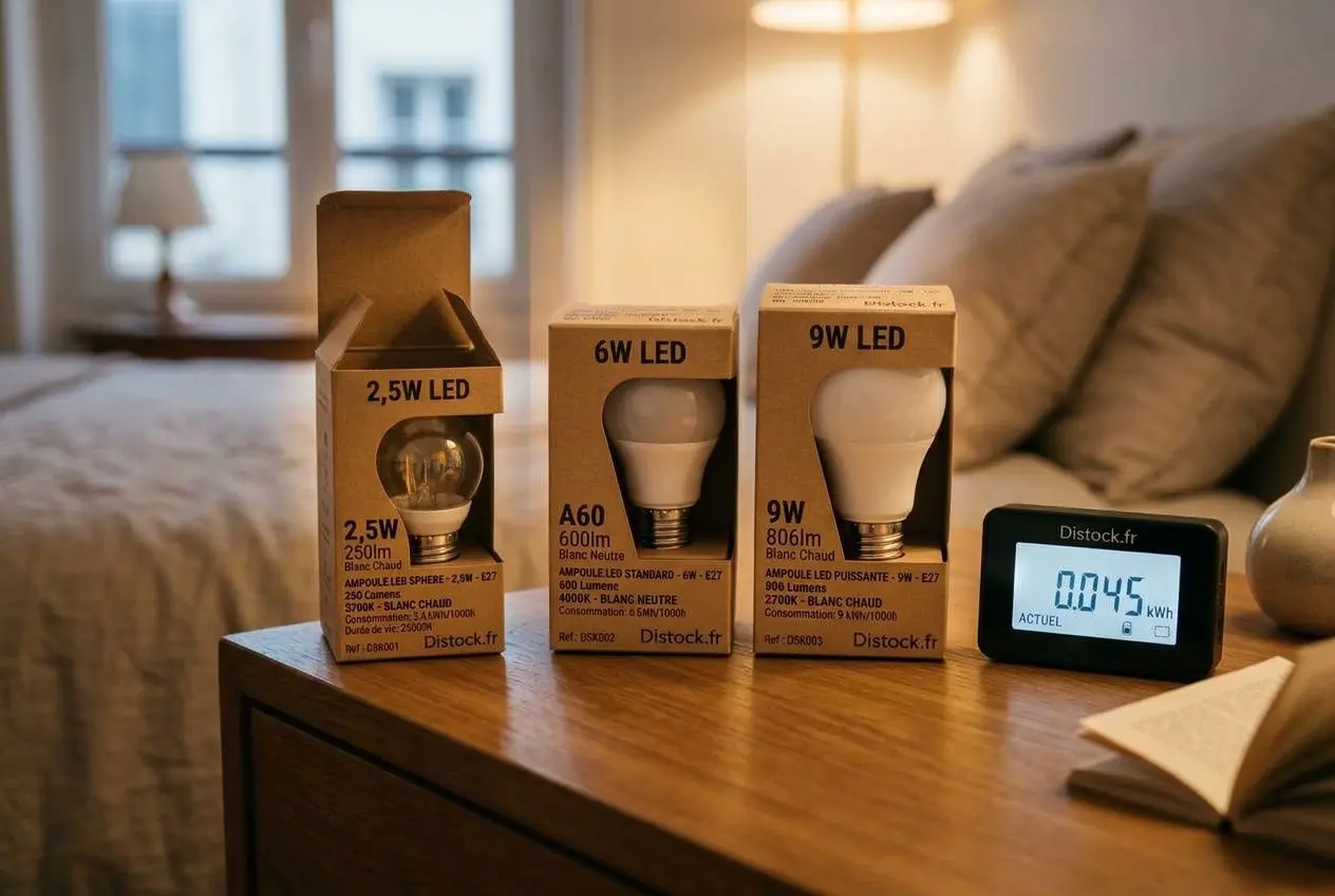 Lampes LED en paquets sur une table de nuit avec un compteur affichant 0,45 kW, illustration d’intensité lumineuse pour une chambre.