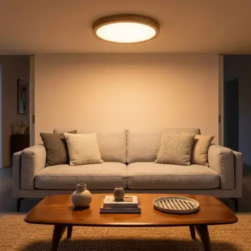 Lustre plafonnier rond émettant une lumière chaude au-dessus d’un canapé gris dans un salon moderne.