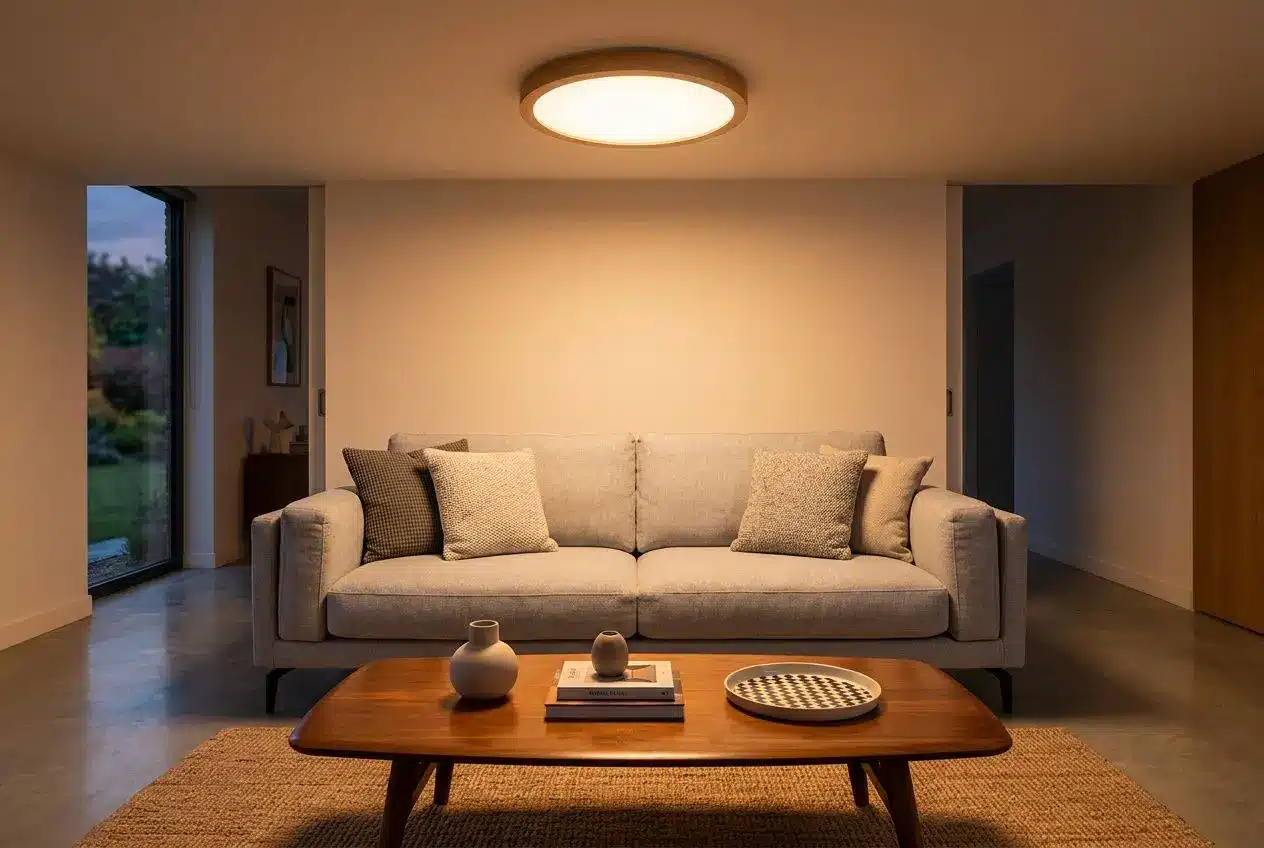 Lustre plafonnier rond émettant une lumière chaude au-dessus d’un canapé gris dans un salon moderne.