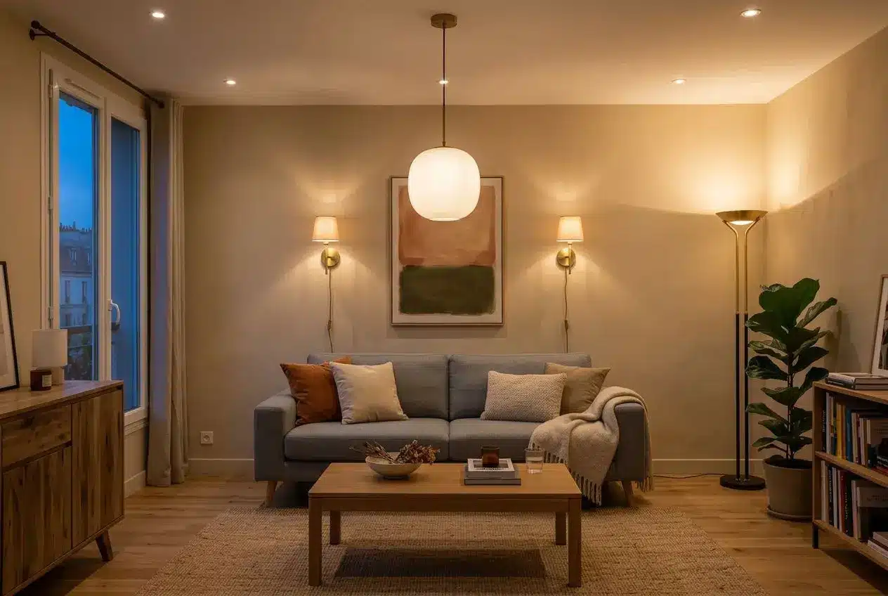 Lustre suspendu rond éclairant un salon cosy avec canapé, lampe d’appoint et plantes, ambiance chaleureuse. Comment choisir un lustre de salon.