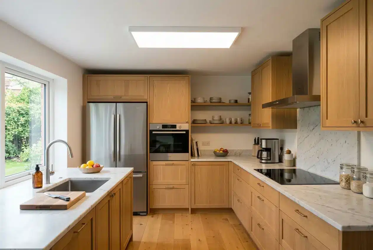 Panneau LED sans fil fixé au plafond éclairant le plan de travail d'une cuisine moderne.