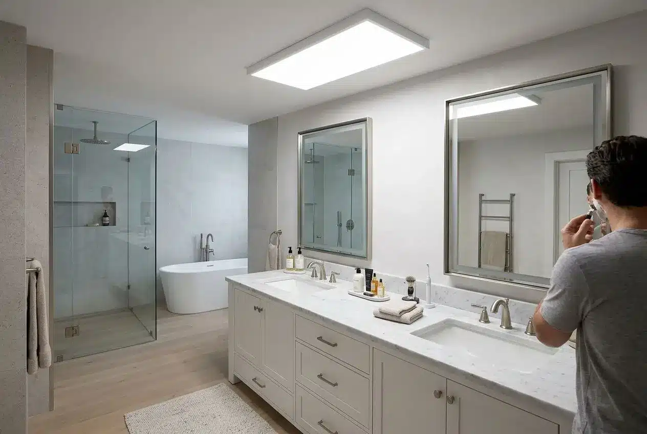 Plafonnier LED rectangulaire encastré au plafond d'une salle de bain moderne éclairant un double vasque.