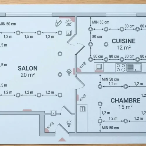 Plan d'implantation des spots encastrables au plafond avec distances recommandées pour salon, cuisine et chambre.