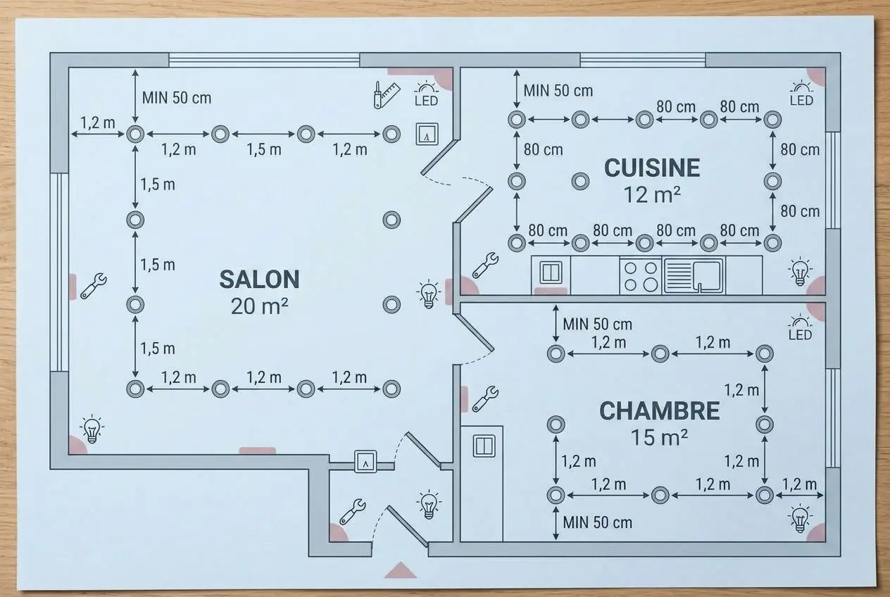Plan d'implantation des spots encastrables au plafond avec distances recommandées pour salon, cuisine et chambre.