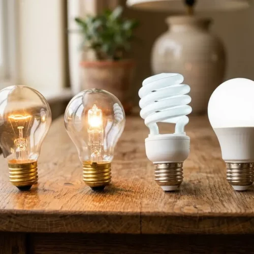 Quatre types d'ampoules alignées sur une table en bois illustrant les différentes températures de couleur en éclairage.