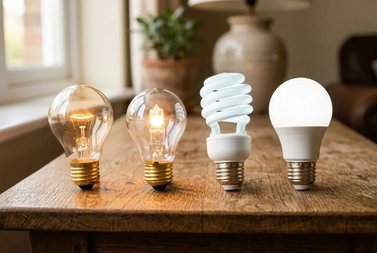 Quatre types d'ampoules alignées sur une table en bois illustrant les différentes températures de couleur en éclairage.
