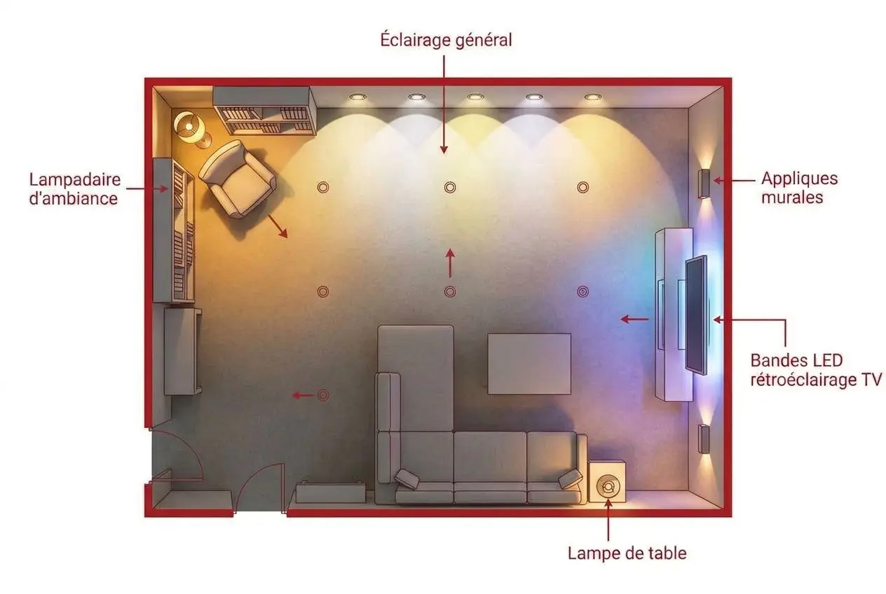Schéma d’ensemble d’un salon avec éclairage général et ambiance : spots au plafond, lampadaire d’appoint, lampe de table et bandes LED TV, et appliques murales.