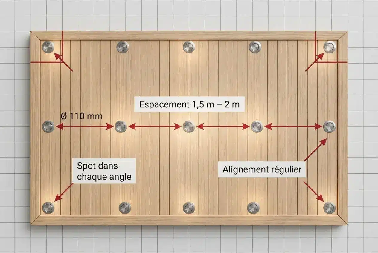 Schéma de disposition des spots encastrés au plafond avec espacement régulier et spots dans chaque angle.