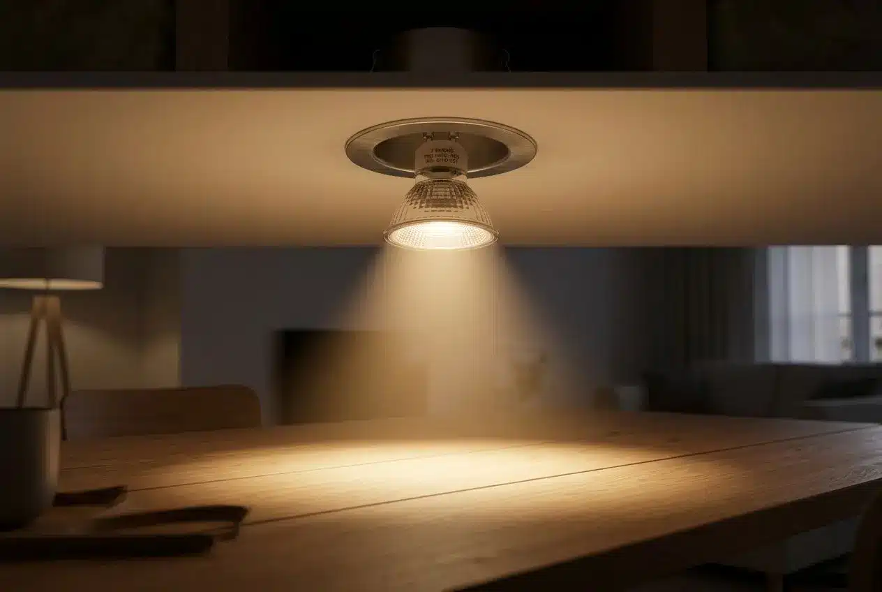 Spot LED encastrable GU10 5W installé dans un plafond blanc éclairant une table en bois.