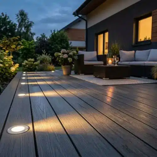Spots encastrables extérieurs illuminent une terrasse bois sombre avec une lumière chaleureuse autour d’un canapé et plantes.