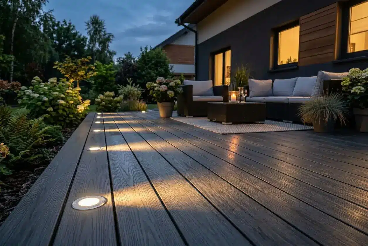 Spots encastrables extérieurs illuminent une terrasse bois sombre avec une lumière chaleureuse autour d’un canapé et plantes.